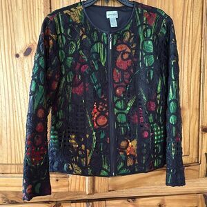 Chico’s Vibrant Color Jacket with Mesh and Embroidery Overlay